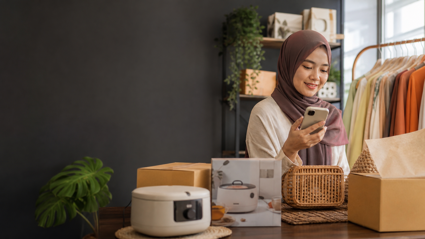 Malaysian online seller preparing customer orders and checking a WhatsApp enquiry