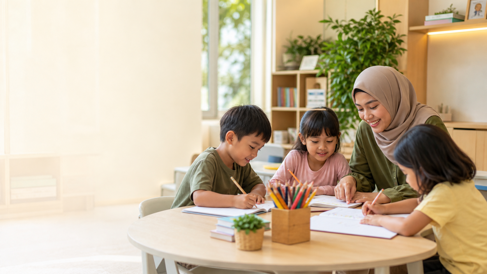 Malaysian tuition teacher guiding children in a classroom